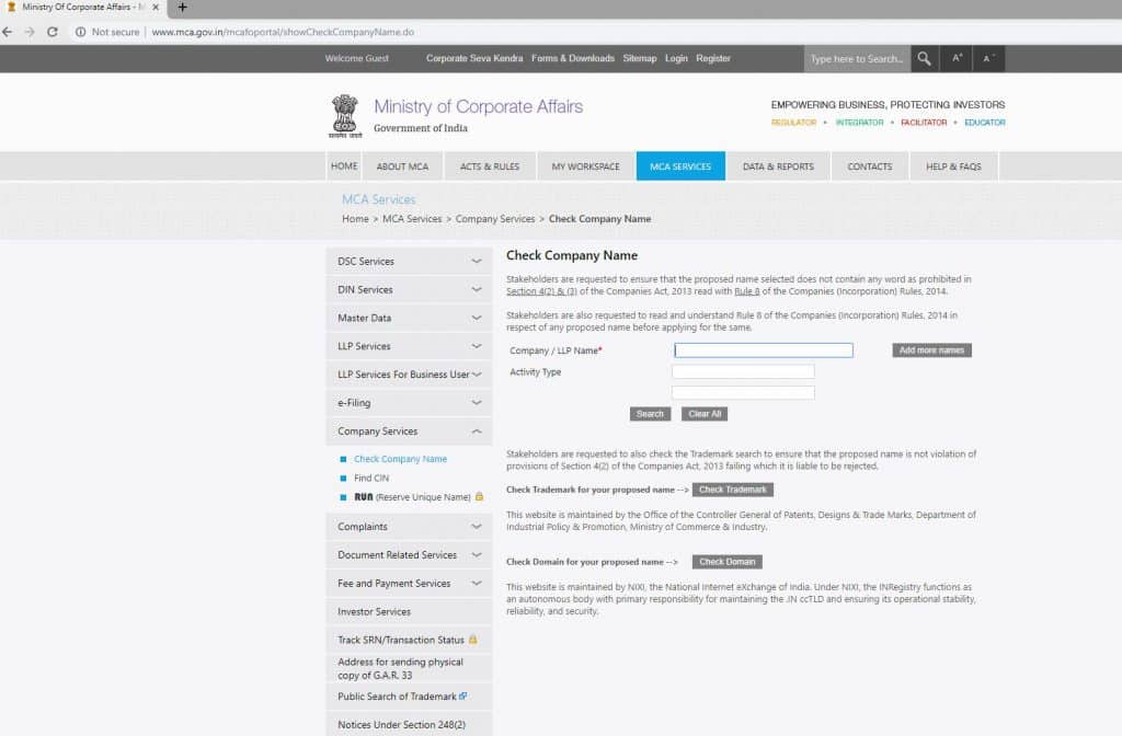 Company Registration Name Check Portal